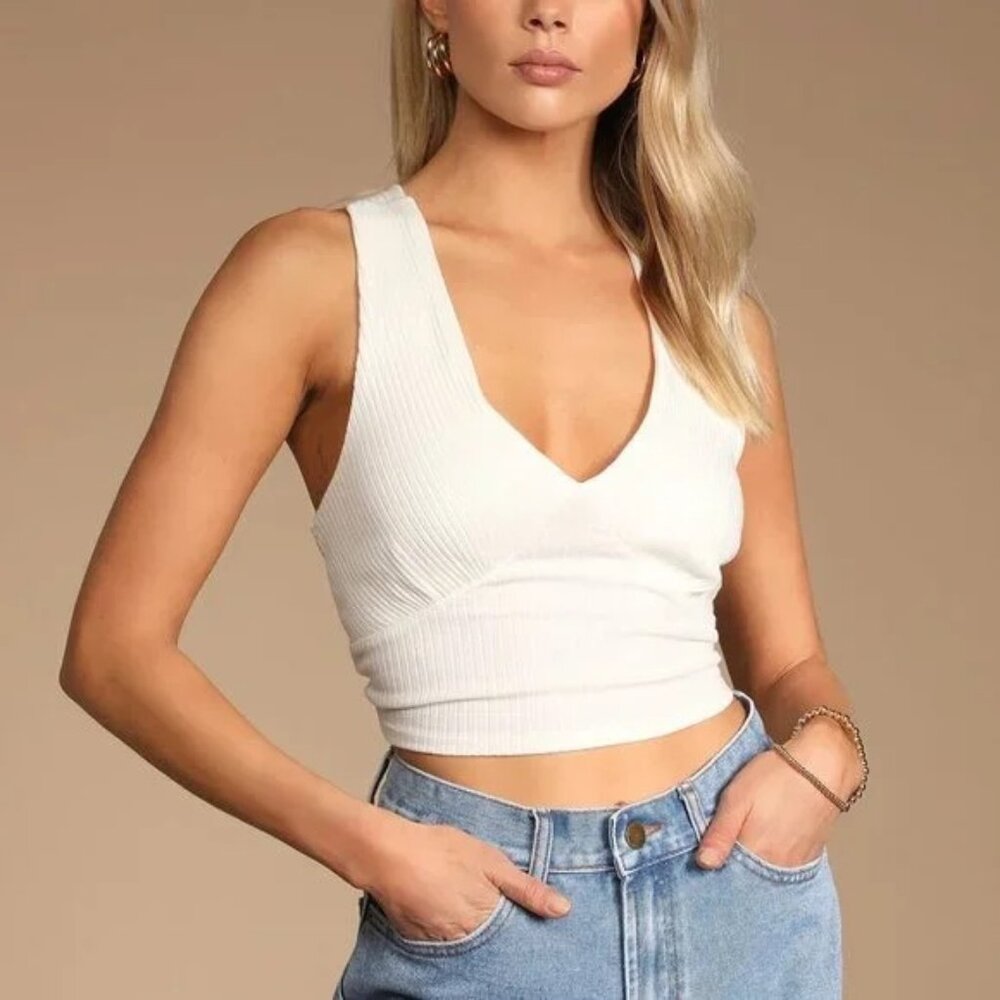Lulus Summer of Fun Ivory Ribbed Crop Tank NEW